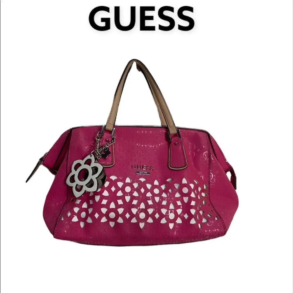 GUESS bright Fuchia pink satchel bag with white cutout flower design